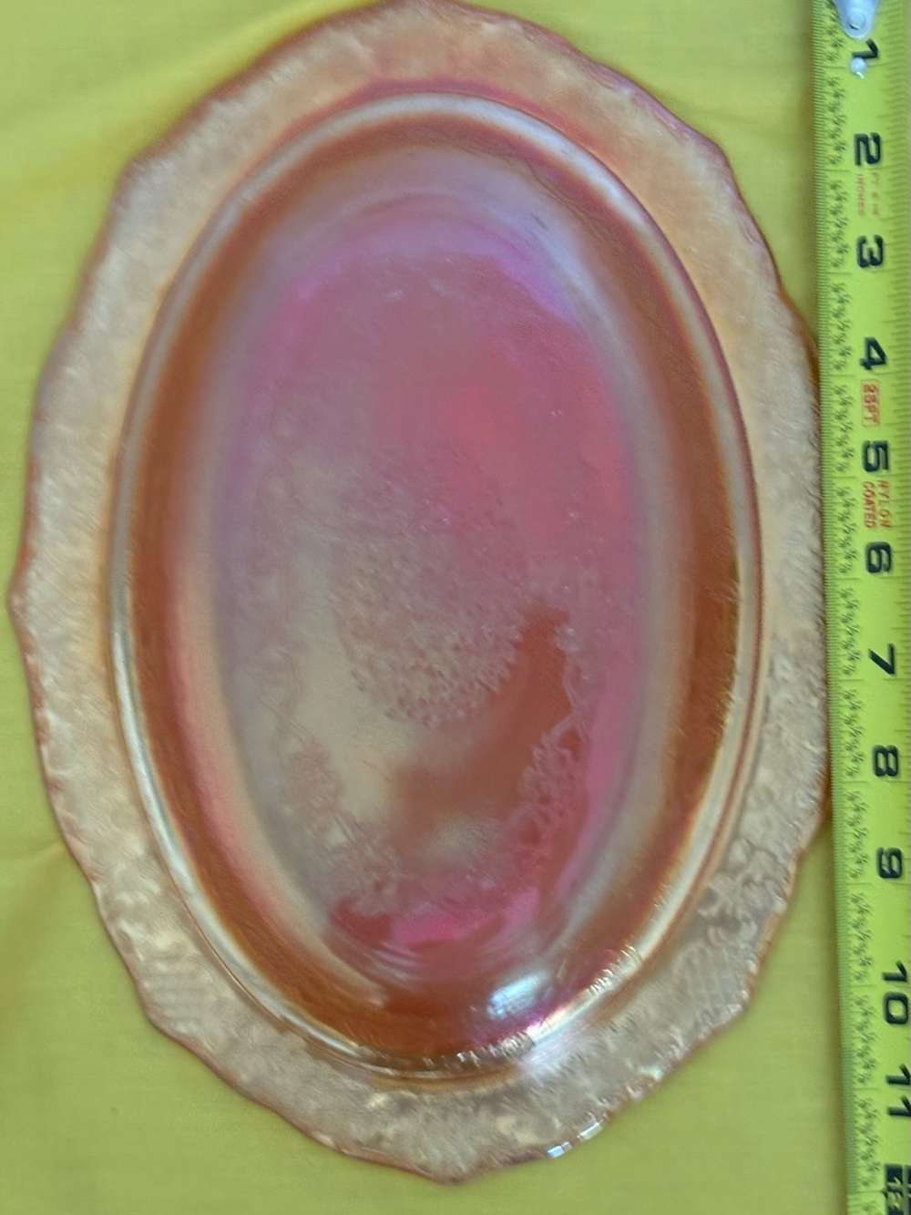Iridescent Pink Glass Serving Platter 
Carnival glass
